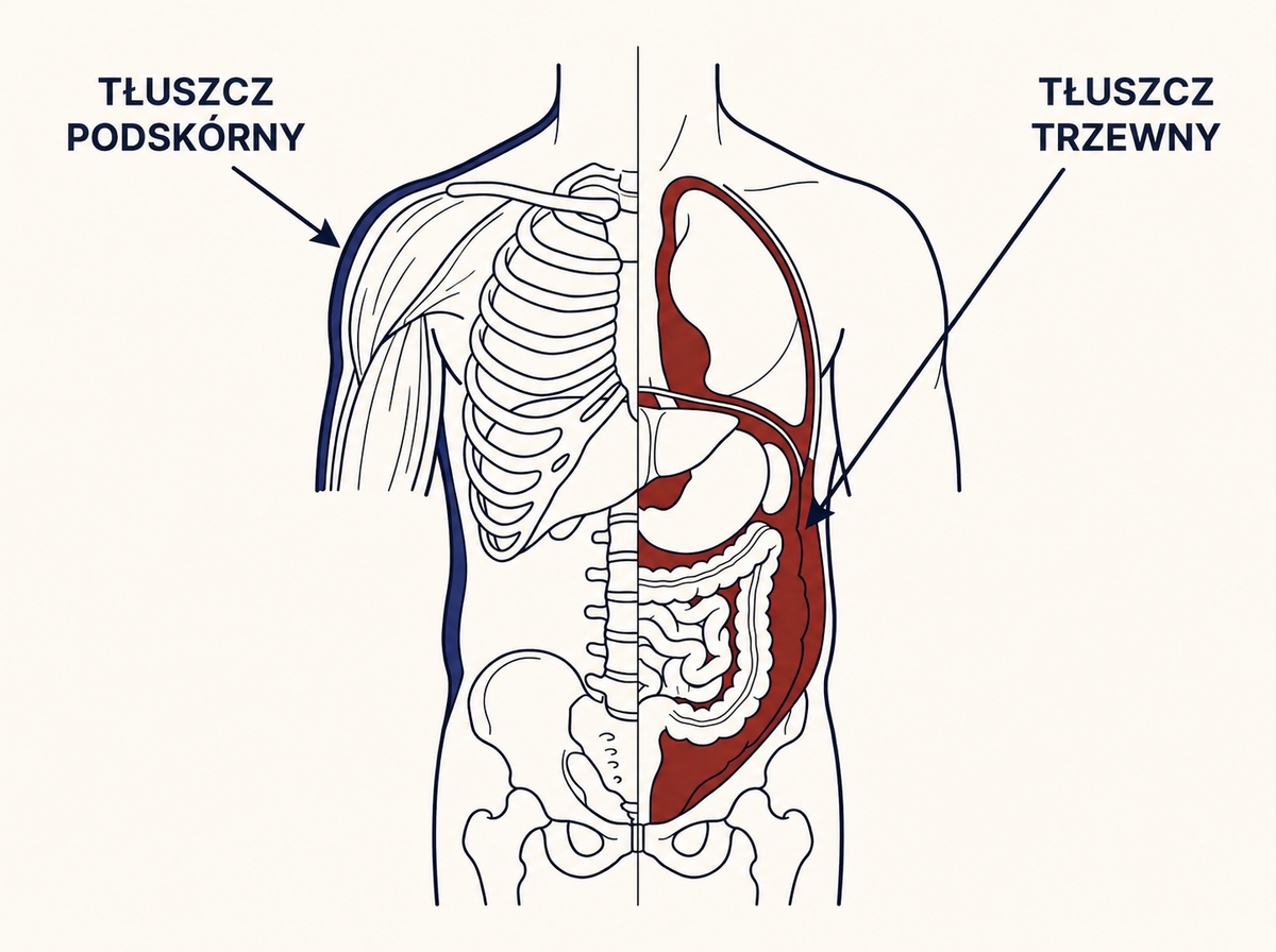 Schemat anatomiczny: tłuszcz podskórny vs trzewny (widok w przekroju).