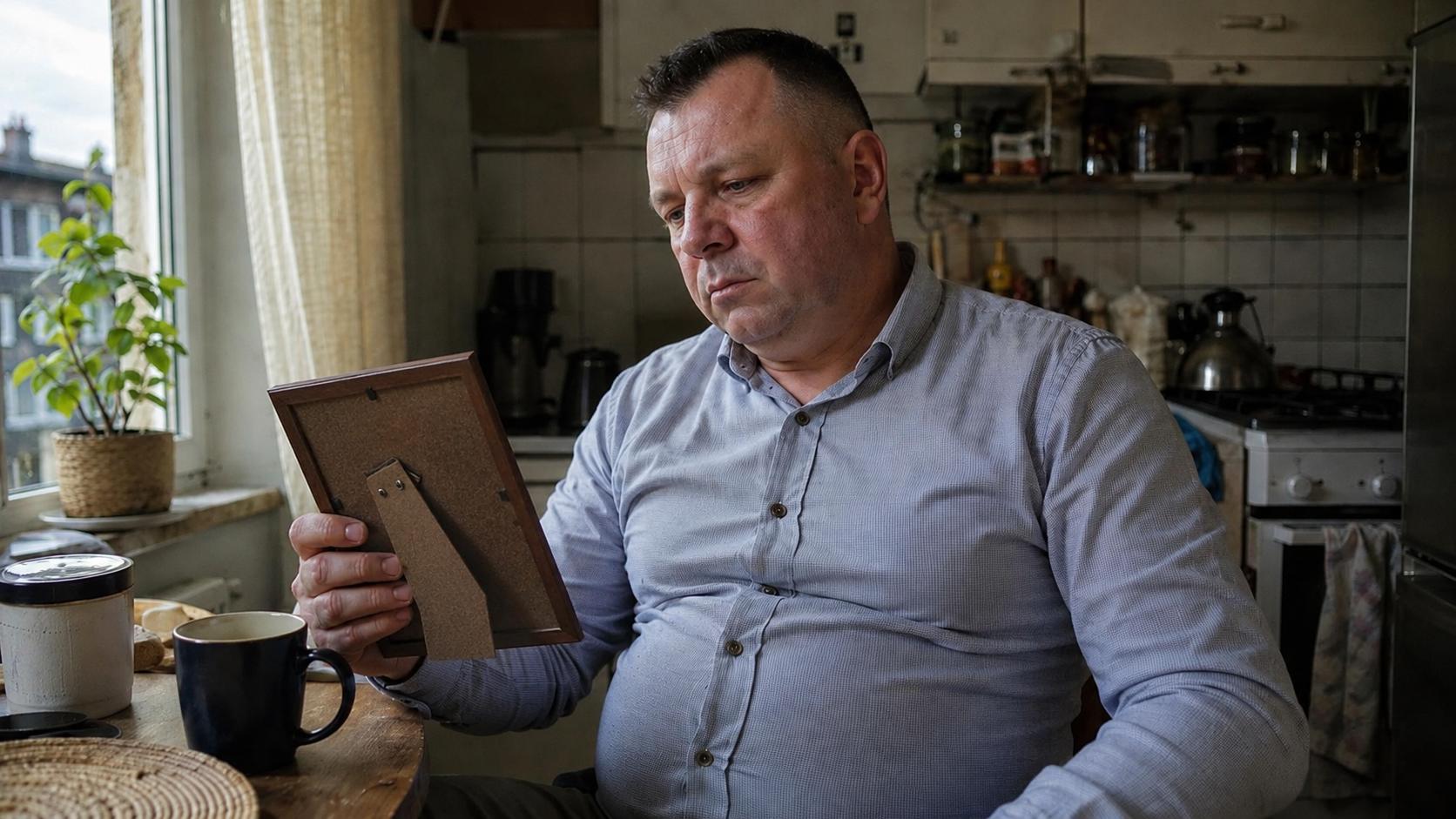 Mężczyzna 45 lat w kuchni, twardy brzuch, trzyma starą oprawioną fotografię ojca.