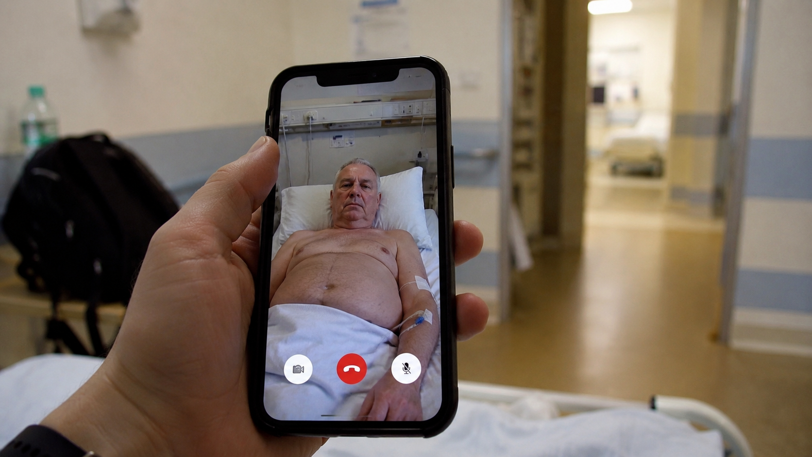 Mężczyzna trzyma telefon z wideo-rozmową: ojciec na szpitalnym łóżku.